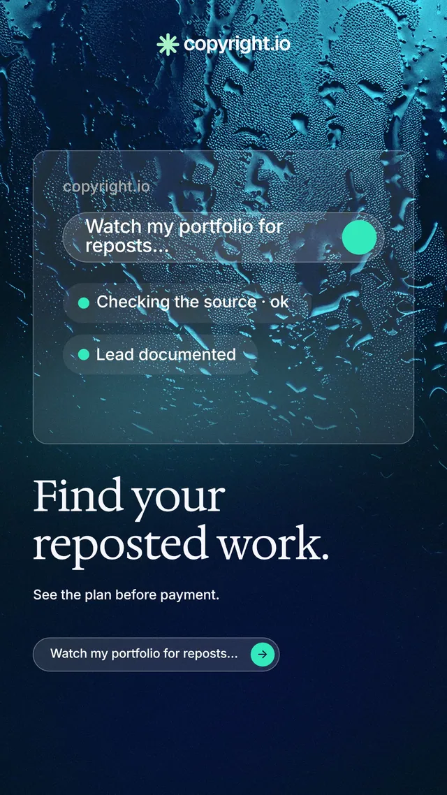 Instagram story for copyright.io: "Find your reposted work." Agentic glass style, bottom layout, dark palette in black, blue.