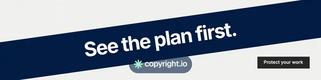 LinkedIn banner for copyright.io: "See the plan first." Swiss style, diagonal layout, light palette in white, blue.