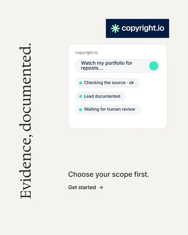 Instagram portrait post for copyright.io: "Evidence, documented." Minimal luxury style, vertical layout, light palette in white, grey.