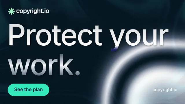 Landscape graphic for copyright.io: "Protect your work." Y2K style, poster layout, dark palette in black, grey, blue.