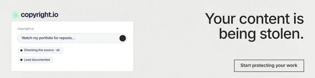 LinkedIn banner for copyright.io: "Your content is being stolen." Editorial style, right layout, light palette in white, grey.