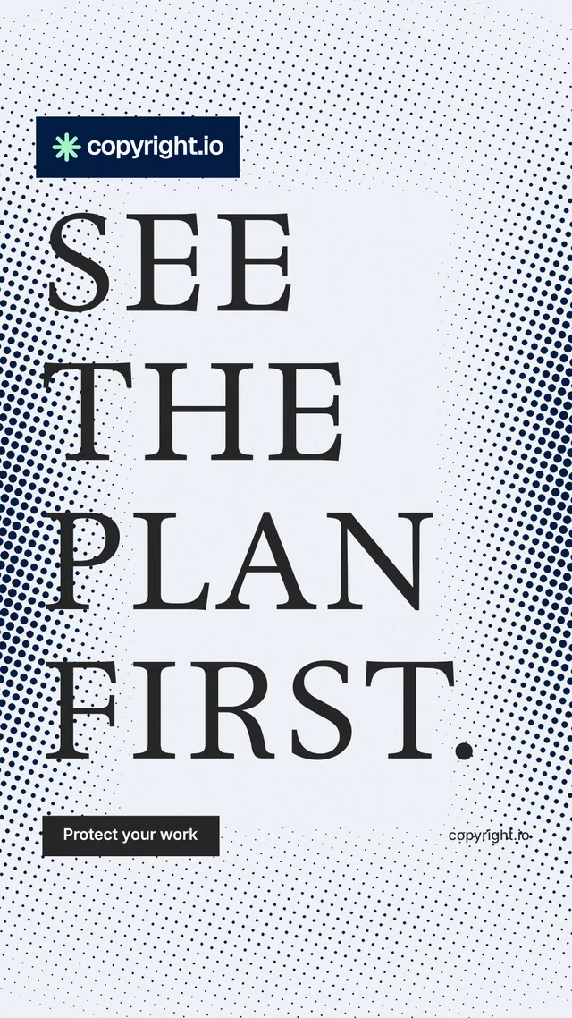 Instagram story for copyright.io: "See the plan first." Split block style, poster layout, light palette in white, grey.