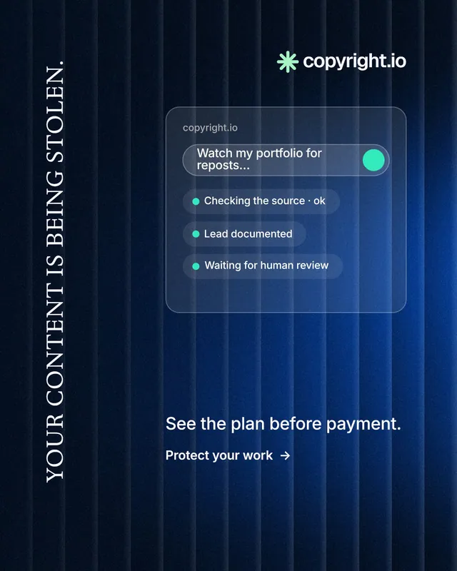 Instagram portrait post for copyright.io: "Your content is being stolen." Minimal luxury style, vertical layout, dark palette in blue, black.