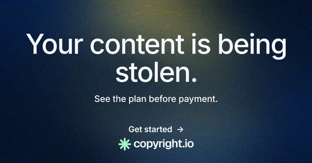 Social ad for copyright.io: "Your content is being stolen." Minimal luxury style, centred layout, dark palette in blue, black, grey.