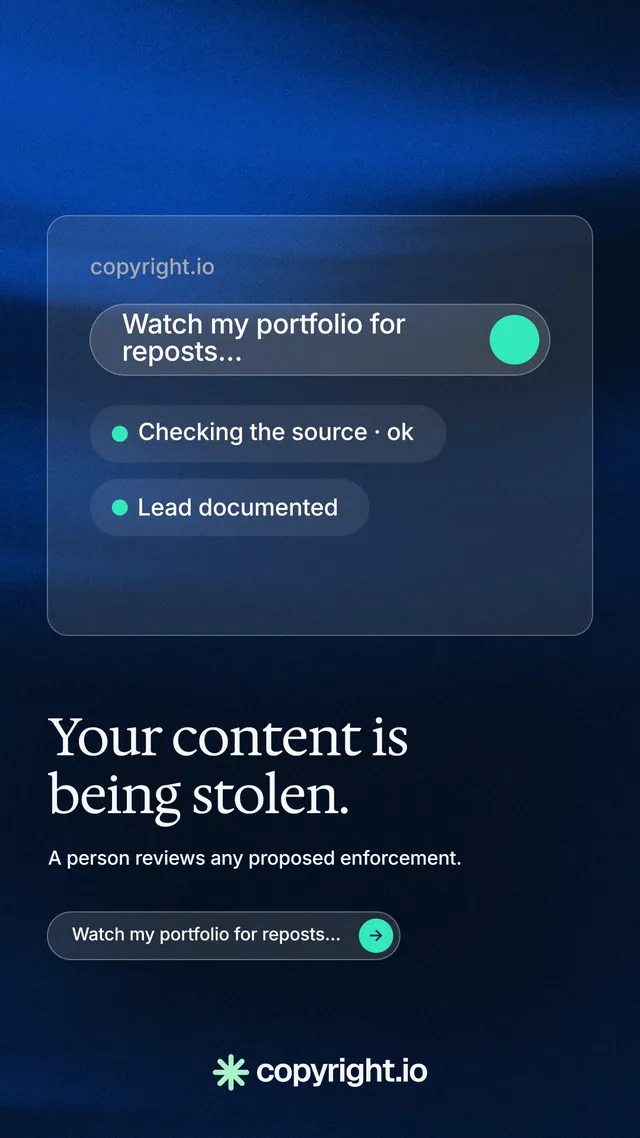 Instagram story for copyright.io: "Your content is being stolen." Agentic glass style, bottom layout, dark palette in black, blue.