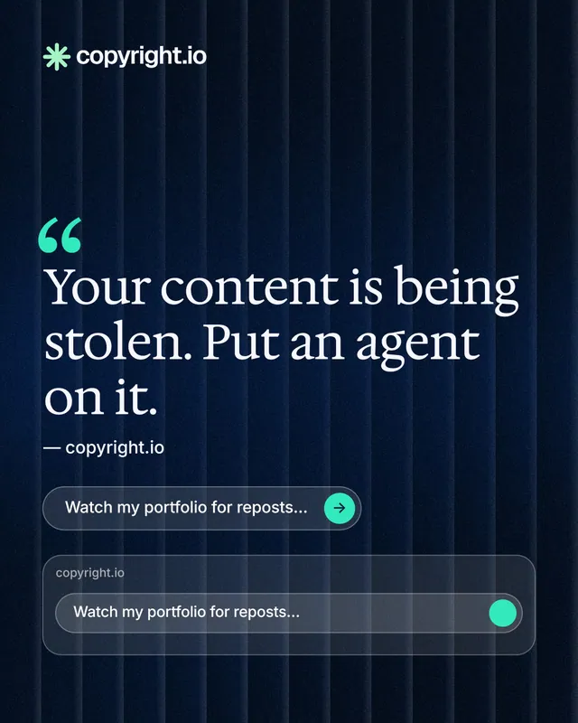 Instagram portrait post for copyright.io: "Continuous protection for creators." Agentic glass style, quote layout, dark palette in black, blue, grey.