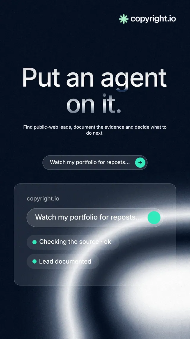 Instagram story for copyright.io: "Put an agent on it." Agentic glass style, centred layout, dark palette in black, blue, grey.