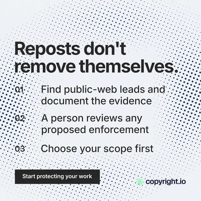 Instagram post for copyright.io: "Reposts don't remove themselves." Swiss style, numbered layout, light palette in blue, white, grey.