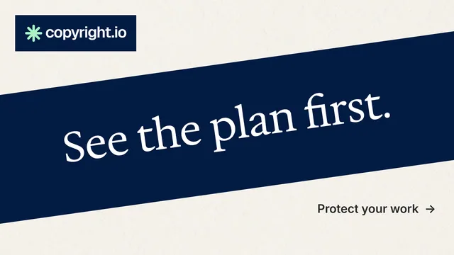 Landscape graphic for copyright.io: "See the plan first." Minimal luxury style, diagonal layout, light palette in white, blue.