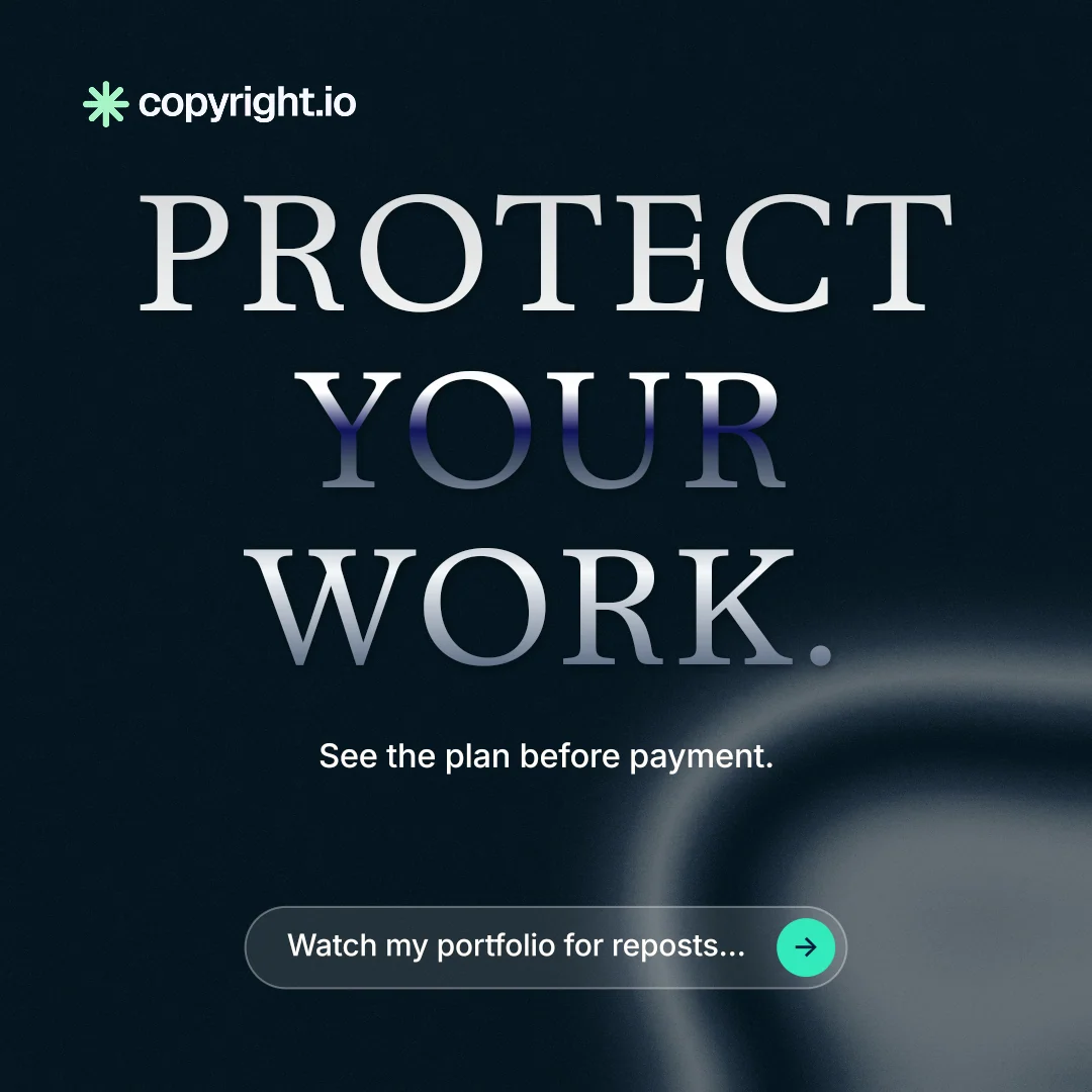 Instagram post for copyright.io: "Protect your work." Agentic glass style, centred layout, dark palette in black, grey, blue.