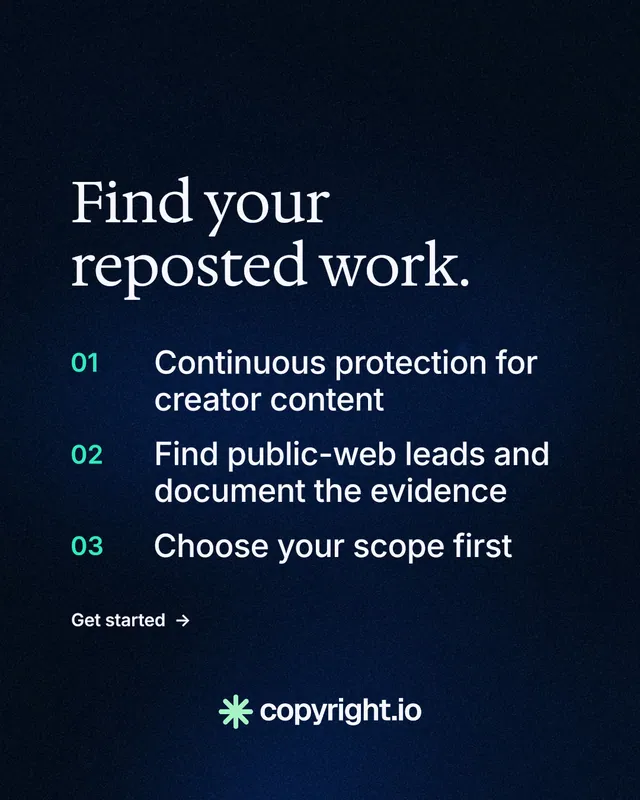 Instagram portrait post for copyright.io: "Find your reposted work." Minimal luxury style, numbered layout, dark palette in black, blue.