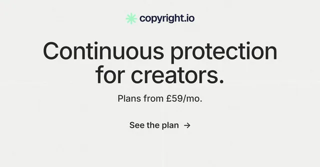Social ad for copyright.io: "Continuous protection for creators." Minimal luxury style, centred layout, light palette in white.