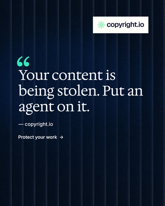 Instagram portrait post for copyright.io: "Put an agent on it." Minimal luxury style, quote layout, dark palette in black, blue.