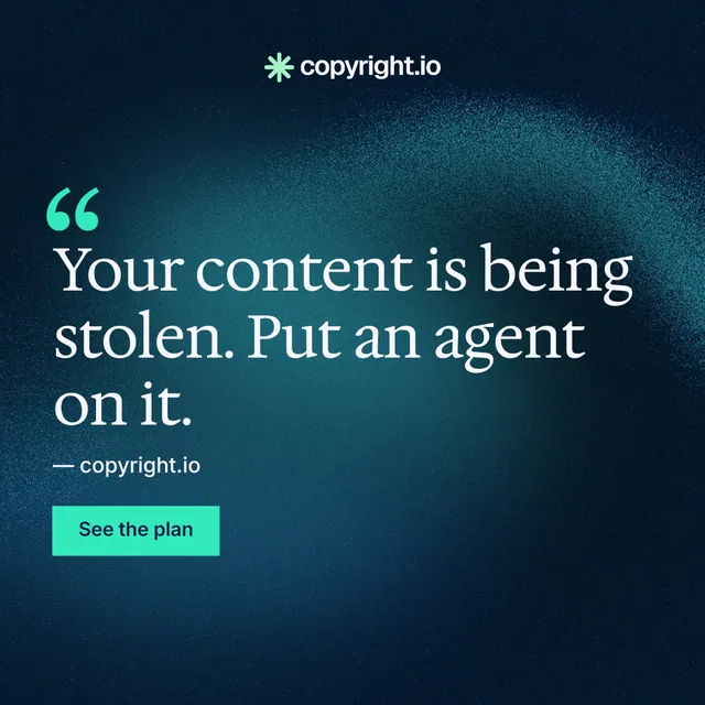 Instagram post for copyright.io: "Find your reposted work." Swiss style, quote layout, dark palette in blue, black, teal.