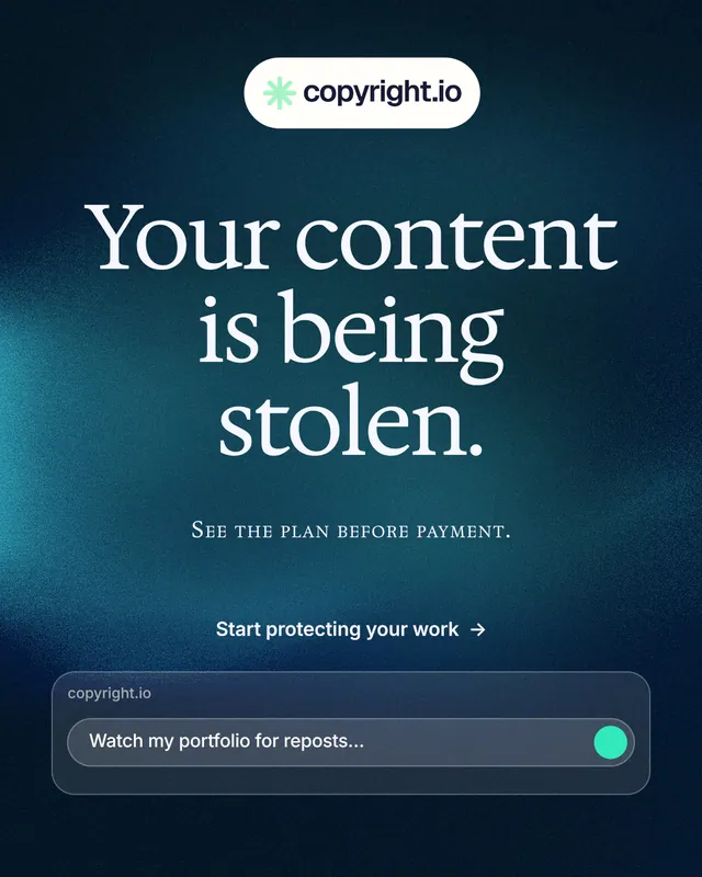 Instagram portrait post for copyright.io: "Your content is being stolen." Agentic glass style, smallcaps layout, dark palette in black, blue.