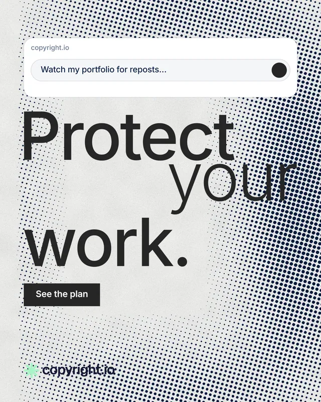 Instagram portrait post for copyright.io: "Protect your work." Swiss style, stacked layout, light palette in grey, white.