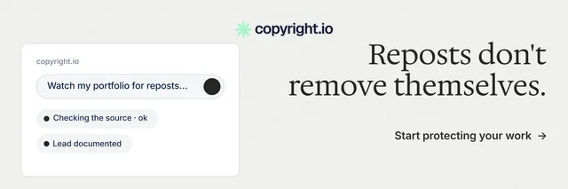 X header for copyright.io: "Reposts don't remove themselves." Minimal luxury style, right layout, light palette in white.