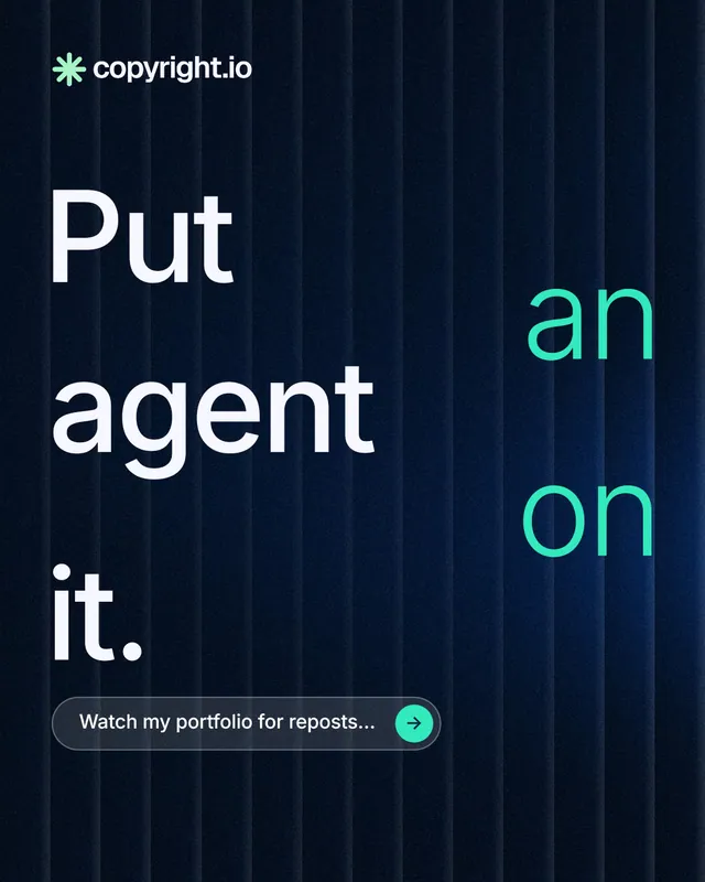 Instagram portrait post for copyright.io: "Put an agent on it." Agentic glass style, stacked layout, dark palette in black, blue.