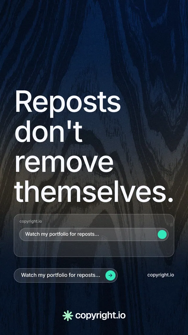 Instagram story for copyright.io: "Reposts don't remove themselves." Agentic glass style, poster layout, dark palette in black, blue, grey.