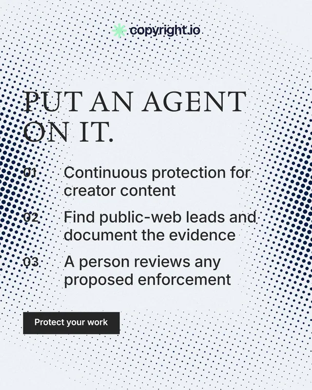 Instagram portrait post for copyright.io: "Put an agent on it." Split block style, numbered layout, light palette in white, blue, grey.