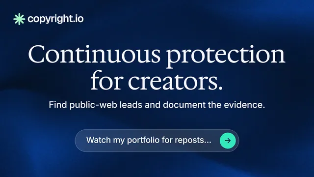 Landscape graphic for copyright.io: "Continuous protection for creators." Agentic glass style, centred layout, dark palette in blue, black.