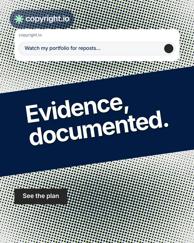 Instagram portrait post for copyright.io: "Evidence, documented." Swiss style, diagonal layout, light palette in blue, grey, white.