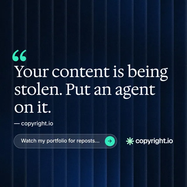 Instagram post for copyright.io: "Continuous protection for creators." Agentic glass style, quote layout, dark palette in black, blue.