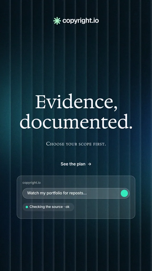 Instagram story for copyright.io: "Evidence, documented." Minimal luxury style, smallcaps layout, dark palette in blue, black.