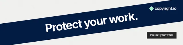 LinkedIn banner for copyright.io: "Protect your work." Swiss style, diagonal layout, light palette in white, blue.