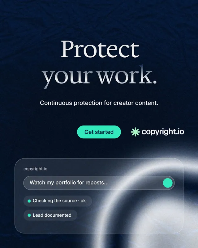 Instagram portrait post for copyright.io: "Protect your work." Y2K style, centred layout, dark palette in black, blue, grey.