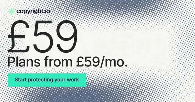 Social ad for copyright.io: "Find your reposted work." Swiss style, stat layout, light palette in grey, white, teal.