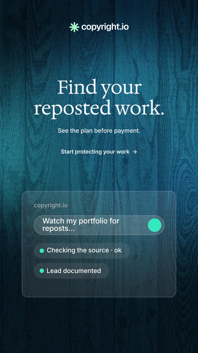 Instagram story for copyright.io: "Find your reposted work." Minimal luxury style, centred layout, dark palette in black, blue, teal.