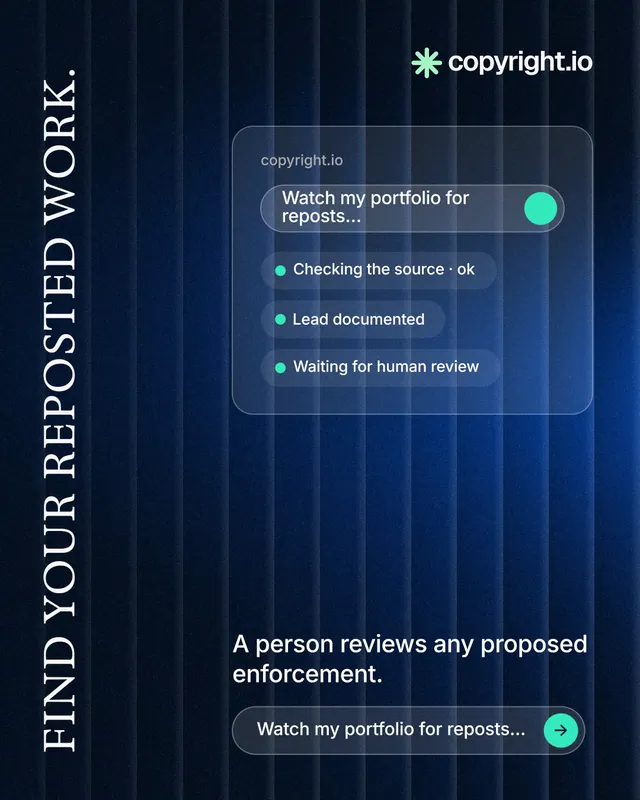 Instagram portrait post for copyright.io: "Find your reposted work." Agentic glass style, vertical layout, dark palette in blue, black.