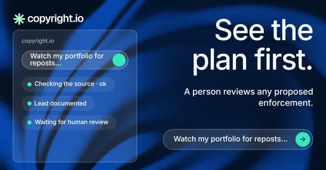 Social ad for copyright.io: "See the plan first." Agentic glass style, right layout, dark palette in blue, black.