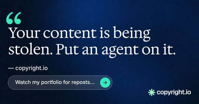 Social ad for copyright.io: "Evidence, documented." Agentic glass style, quote layout, dark palette in blue, black.