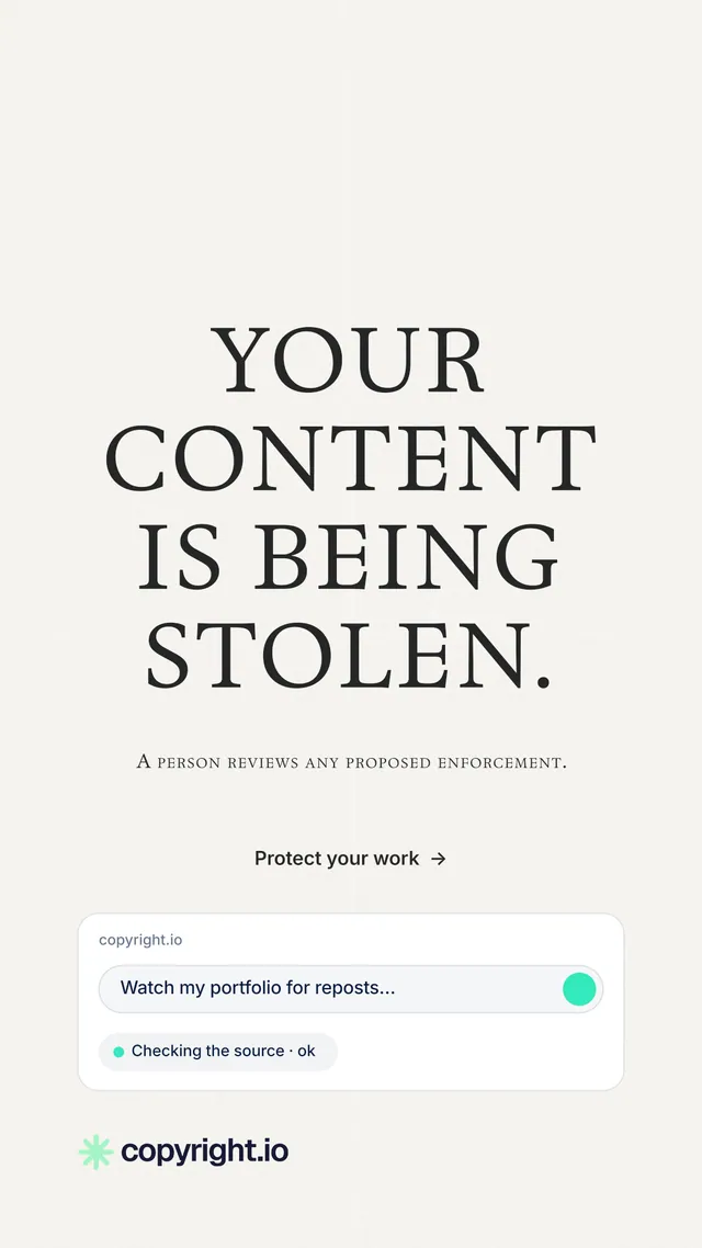 Instagram story for copyright.io: "Your content is being stolen." Editorial style, smallcaps layout, light palette in white, grey.