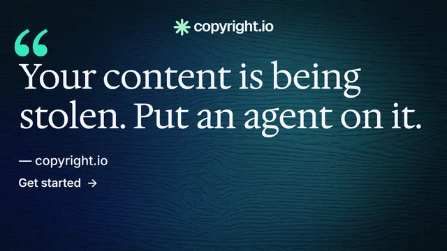 Landscape graphic for copyright.io: "Protect your work." Minimal luxury style, quote layout, dark palette in black, blue, grey.
