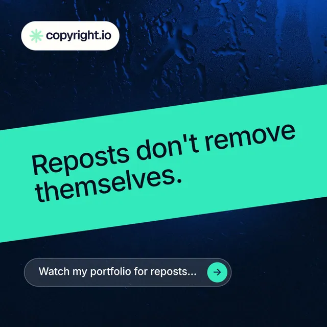 Instagram post for copyright.io: "Reposts don't remove themselves." Agentic glass style, diagonal layout, dark palette in teal, black, blue.