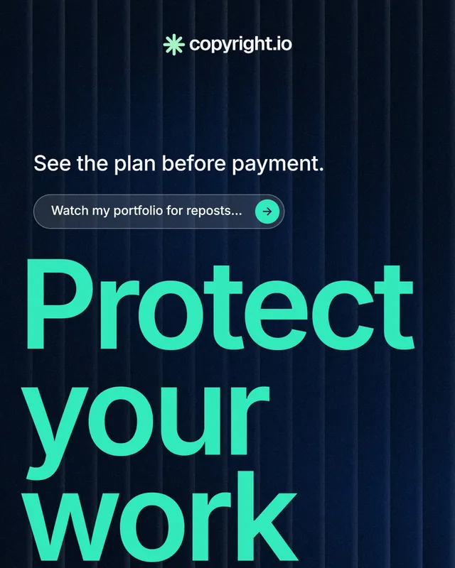 Instagram portrait post for copyright.io: "Find your reposted work." Agentic glass style, oversized layout, dark palette in black, teal.