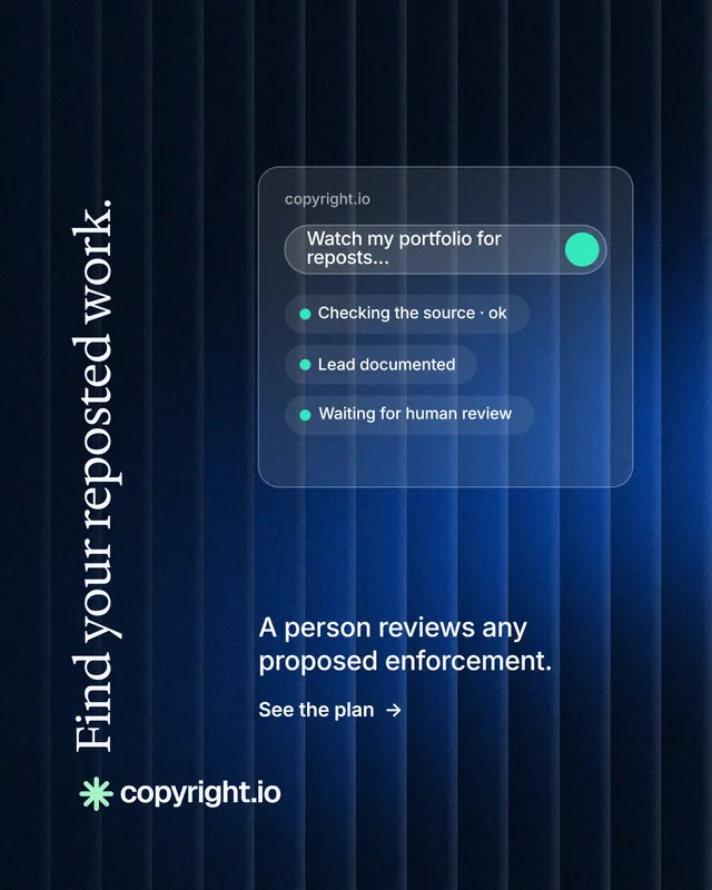 Instagram portrait post for copyright.io: "Find your reposted work." Minimal luxury style, vertical layout, dark palette in black, blue.