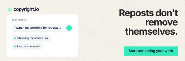 X header for copyright.io: "Reposts don't remove themselves." Swiss style, right layout, light palette in white, teal.