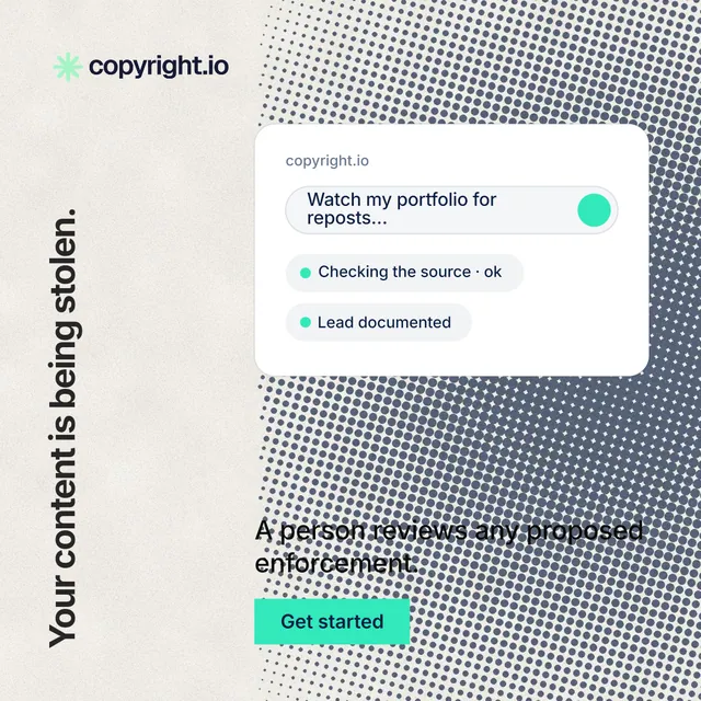 Instagram post for copyright.io: "Your content is being stolen." Swiss style, vertical layout, light palette in grey, white.