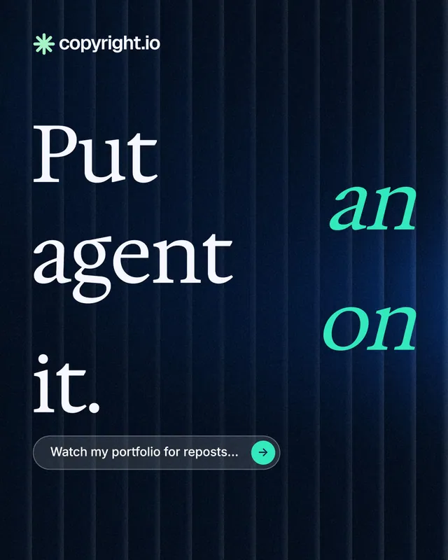Instagram portrait post for copyright.io: "Put an agent on it." Agentic glass style, stacked layout, dark palette in black, blue.