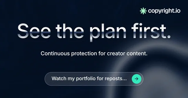 Social ad for copyright.io: "See the plan first." Agentic glass style, centred layout, dark palette in black, blue, grey.