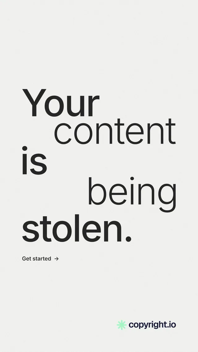 Instagram story for copyright.io: "Your content is being stolen." Minimal luxury style, stacked layout, light palette in white, grey.