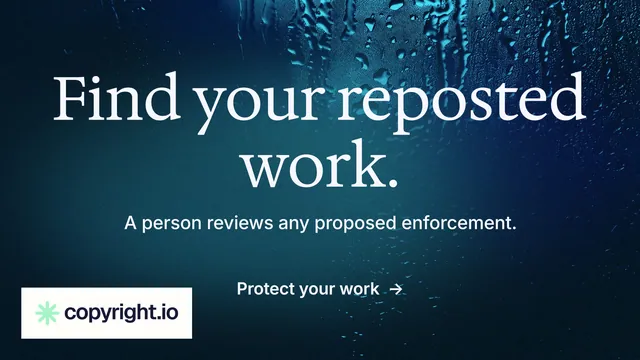 Landscape graphic for copyright.io: "Find your reposted work." Minimal luxury style, centred layout, dark palette in blue, black.