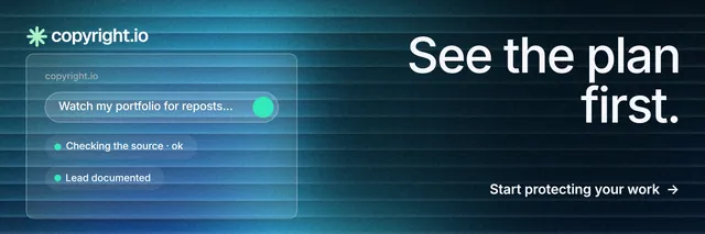 X header for copyright.io: "See the plan first." Minimal luxury style, right layout, dark palette in black, blue.