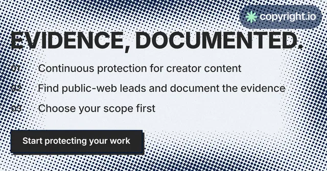 Social ad for copyright.io: "Evidence, documented." Brutalist style, numbered layout, light palette in grey, white.