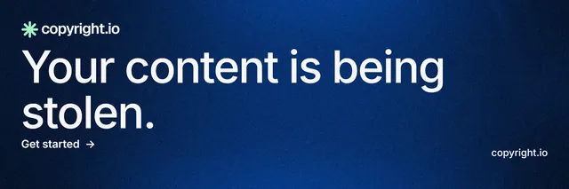 X header for copyright.io: "Your content is being stolen." Minimal luxury style, poster layout, dark palette in blue, black.