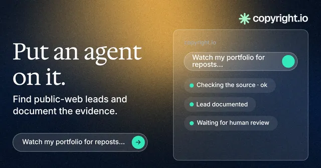 Social ad for copyright.io: "Put an agent on it." Agentic glass style, bottom layout, dark palette in blue, black, grey.